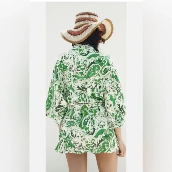 New Zara Printed Linen Blend Belted Green/White Short Kimono Open Front Jacket - Picture 8 of 15